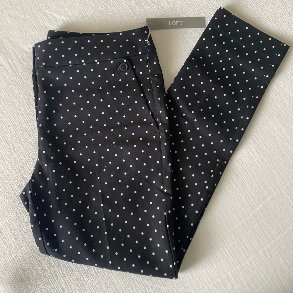 LOFT Marisa Skinny Ankle Pants Black White Polka Dot